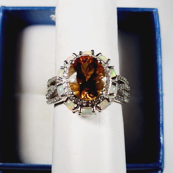 Premium Golden Scapolite, Welo Opal & Zircon fancy halo ring in Plat/925 4.85ct - Picture 3 of 6